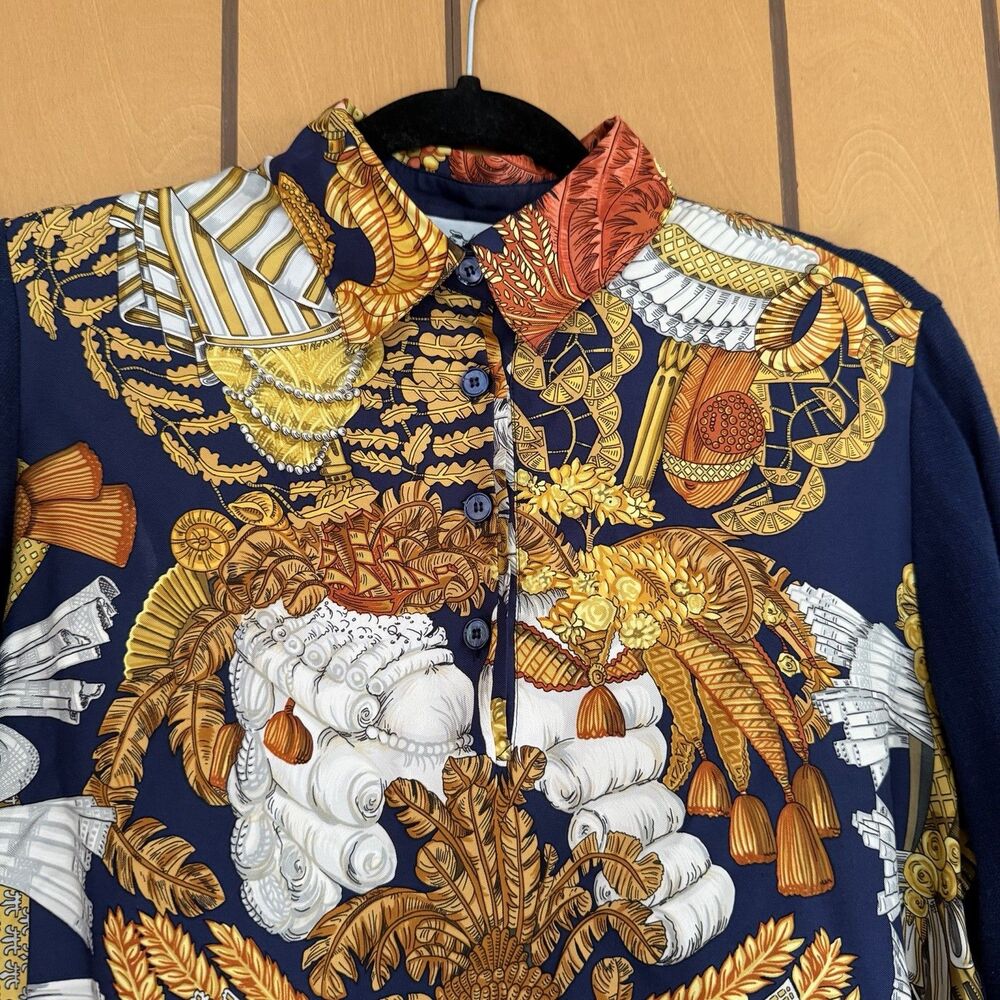 HERMES Vintage Hermès Printed Silk Button Down Long Sleeve Shirt Navy Gold Small